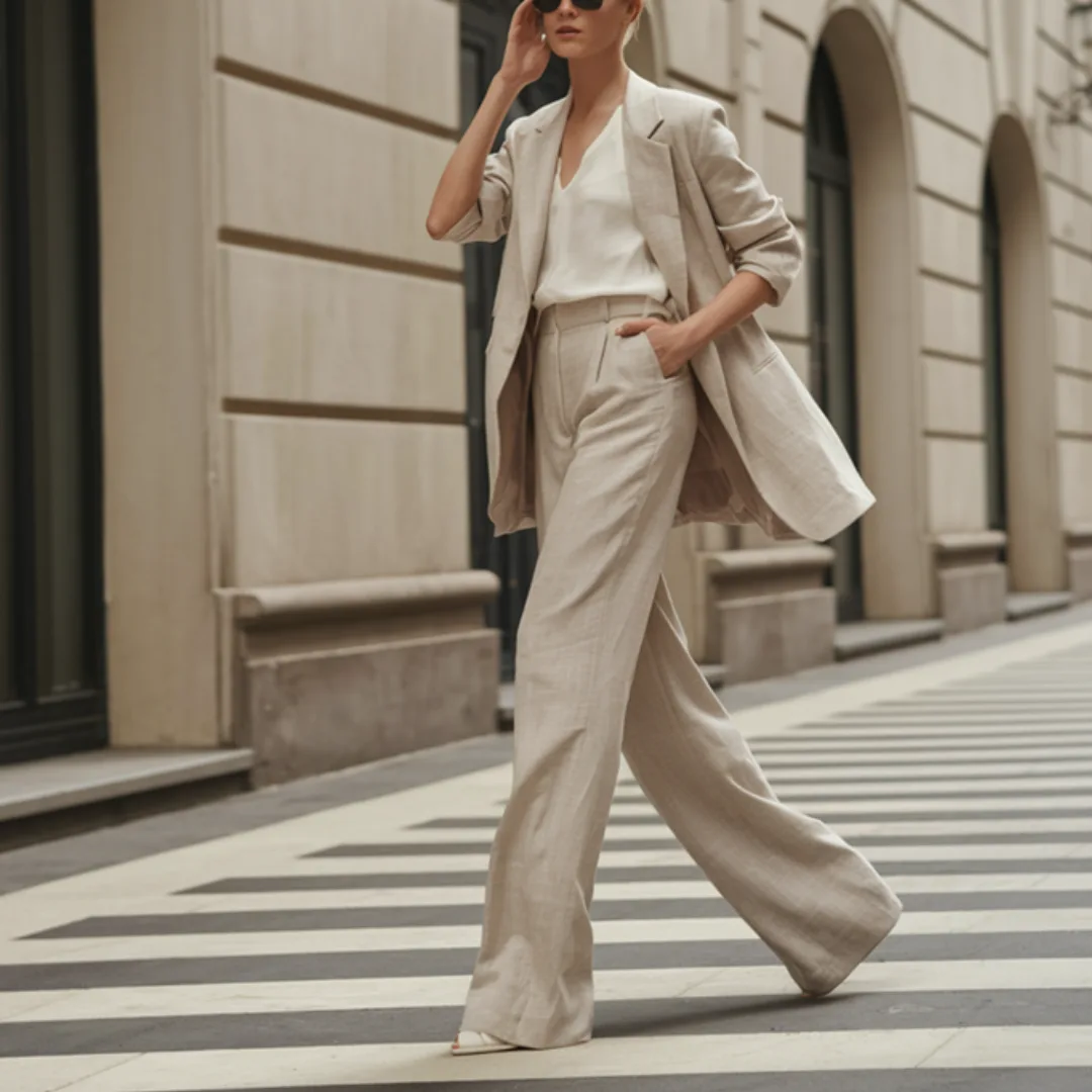 lino-punto-aries-cómo-llevar-el-lino-este-verano-sin-perder-estilo-urbano-pantalón-amplio- blazer-ligero-en-tejido-sastrero